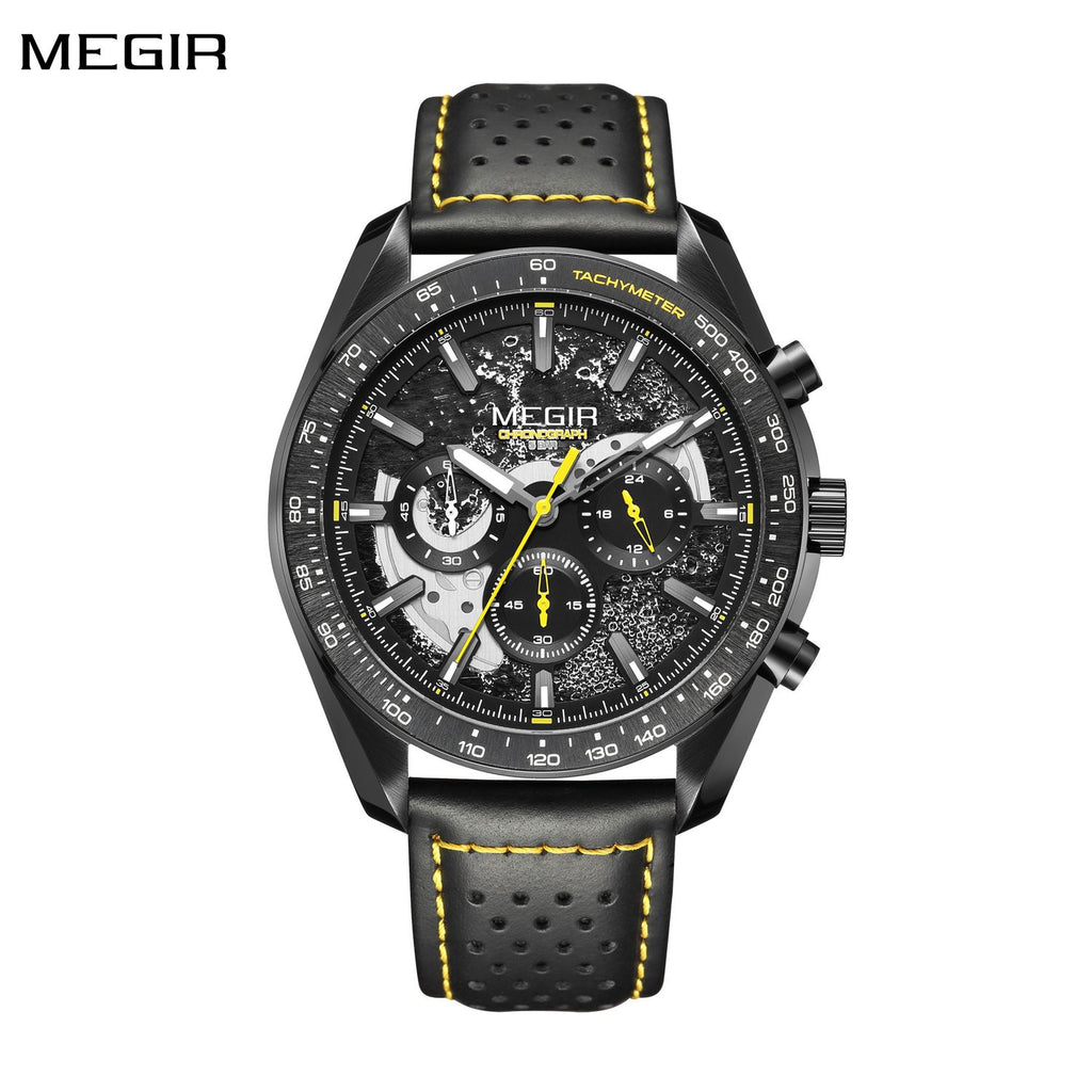 MEGIR 8408 men's chronograph watch, black case, black dial with yellow accents and black leather strap, front view