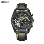 MEGIR 8408 men's chronograph watch, black case, black dial with yellow accents and black leather strap, front view