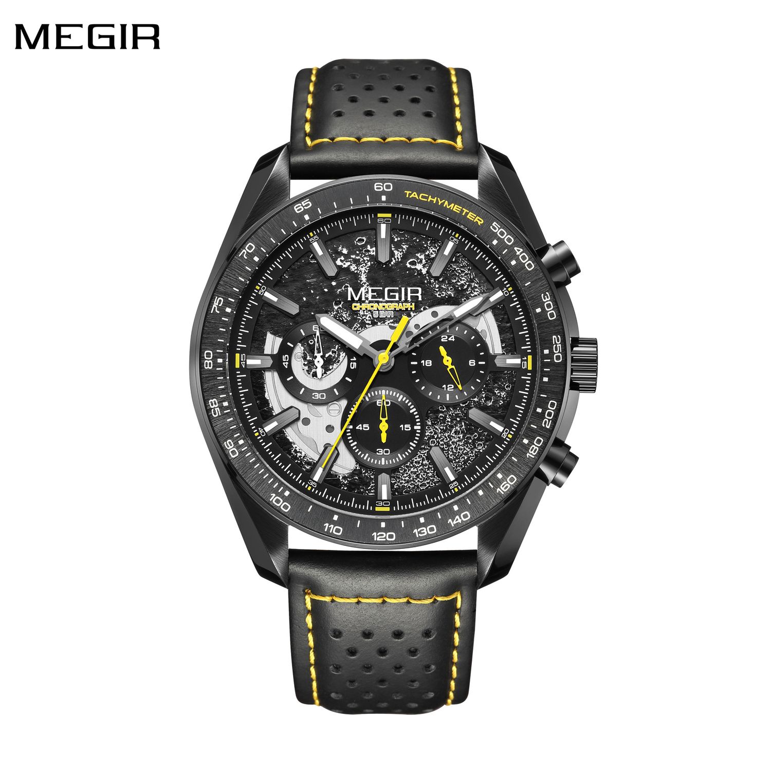 MEGIR 8408 men's chronograph watch, black case, black dial with yellow accents and black leather strap, front view