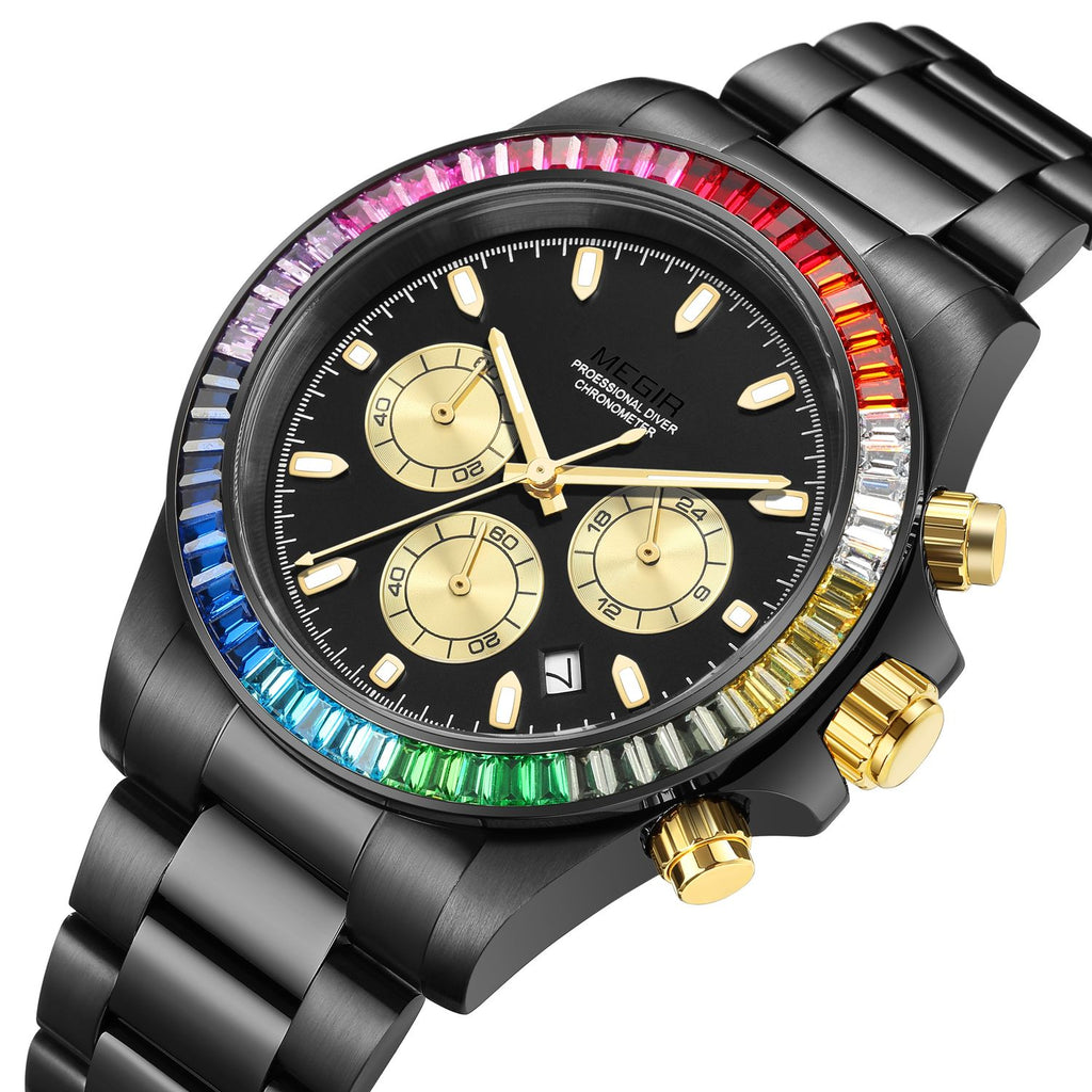 MEGIR 8410 men's chronograph watch, black case, rainbow crystal bezel and black dial, angled view