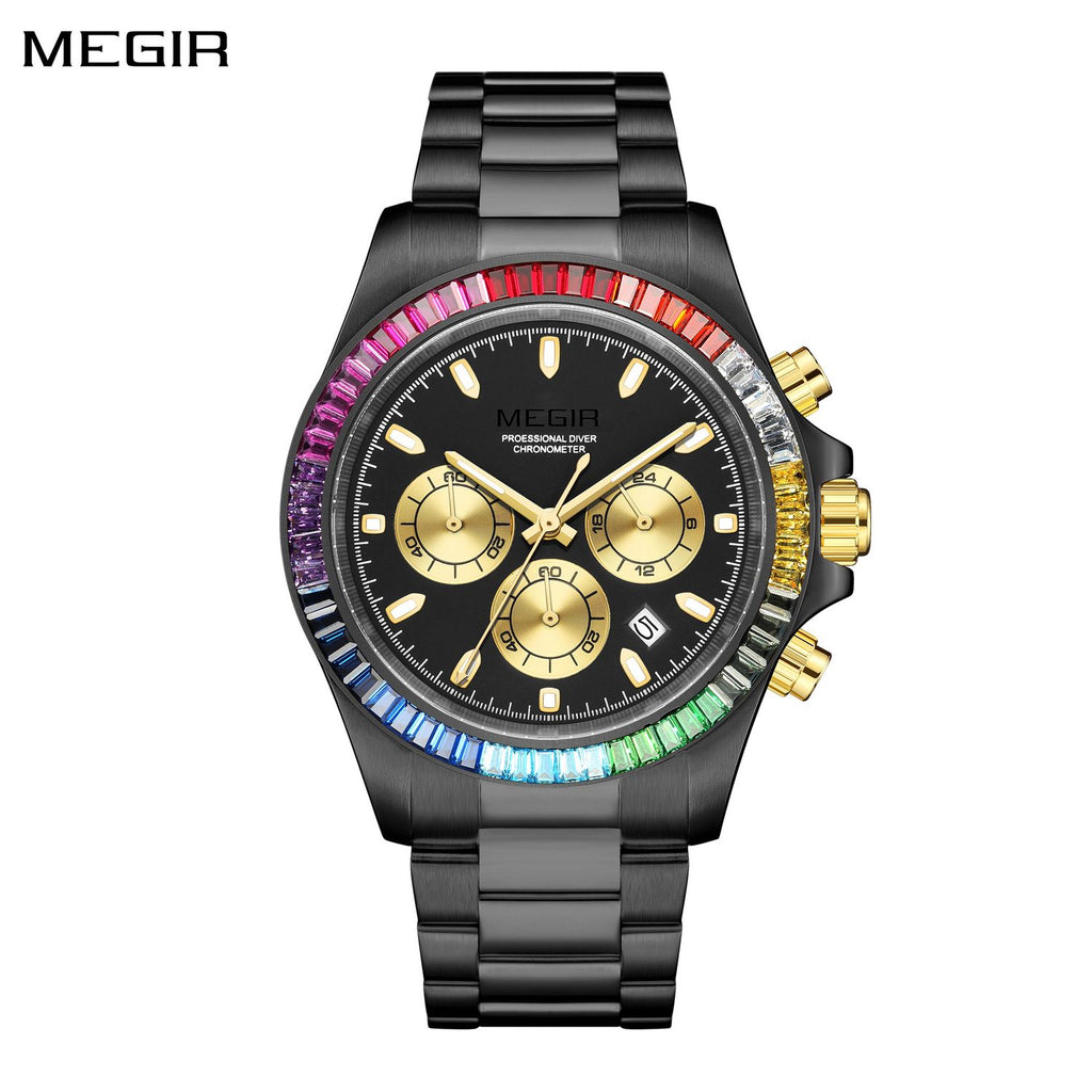 MEGIR 8410 men's chronograph watch, black case, rainbow crystal bezel, black dial and gold sub-dials, front view
