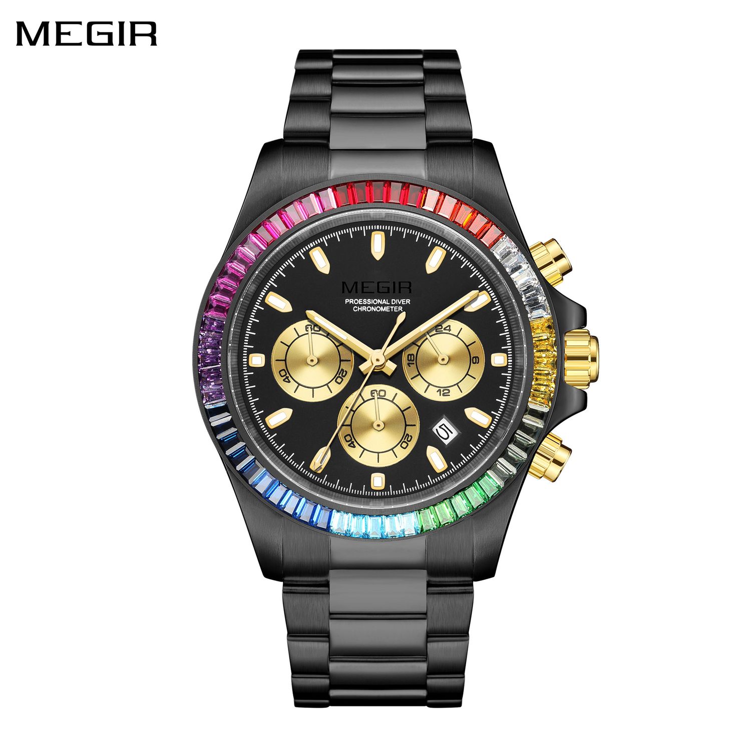 MEGIR 8410 men's chronograph watch, black case, rainbow crystal bezel, black dial and gold sub-dials, front view