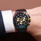 MEGIR 8410 chronograph watch on the wrist, black case, rainbow crystal bezel and black dial