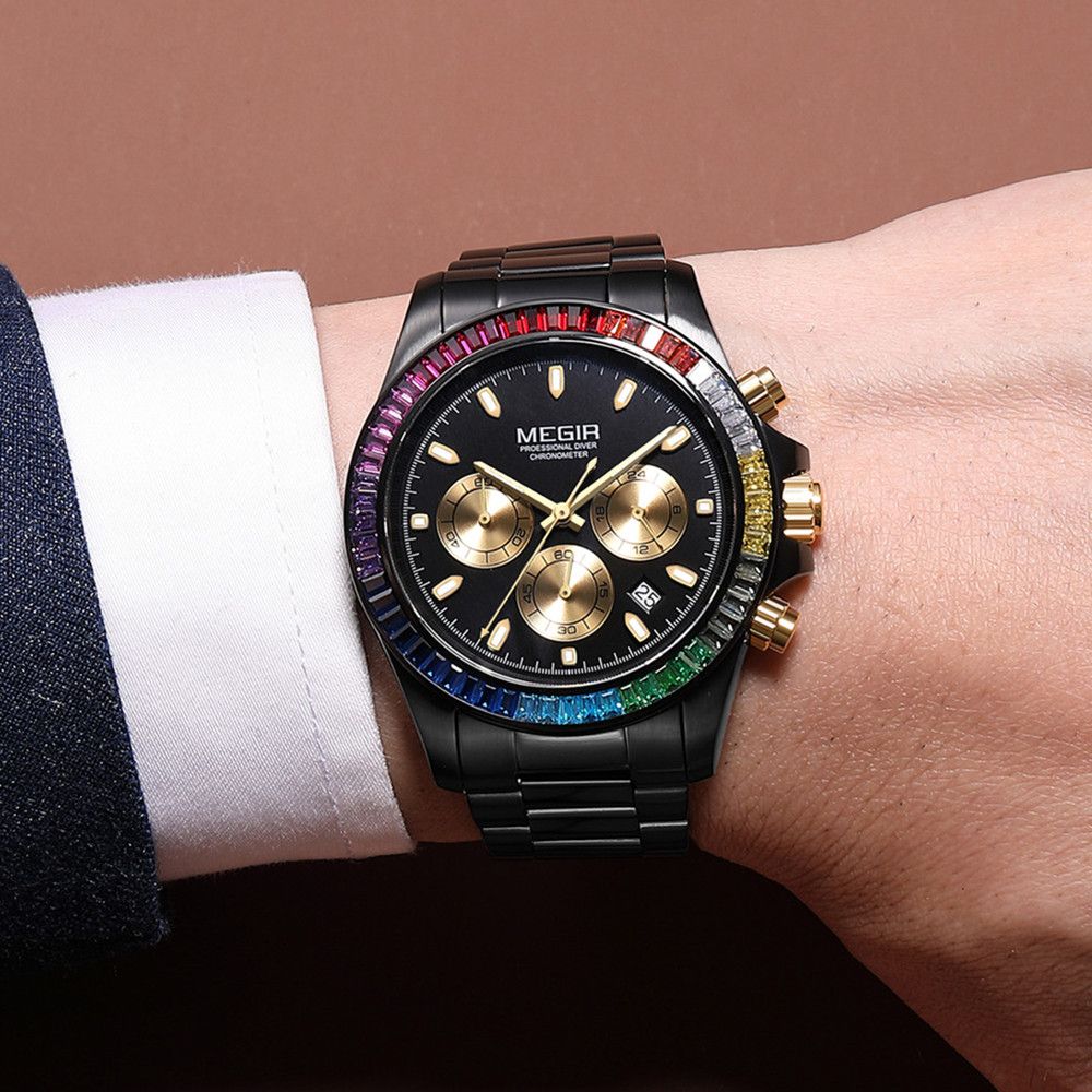 MEGIR 8410 chronograph watch on the wrist, black case, rainbow crystal bezel and black dial