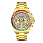 MEGIR 8410 men's chronograph watch, gold case, rainbow crystal bezel, grey dial and gold sub-dials, front view