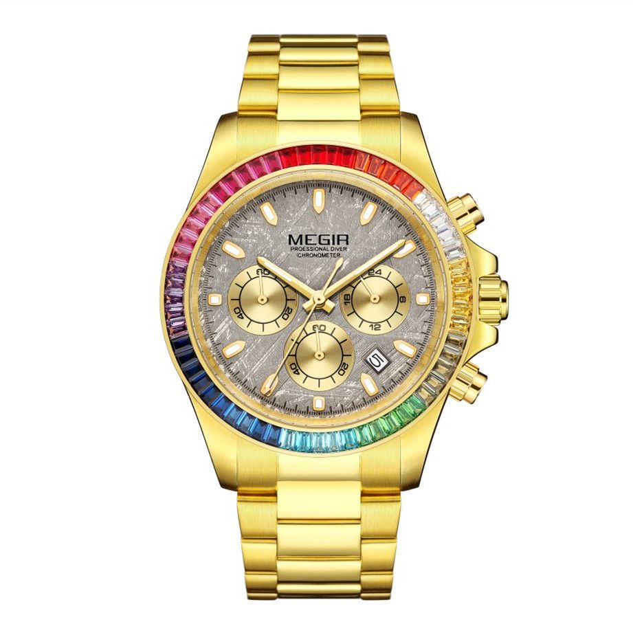 MEGIR 8410 men's chronograph watch, gold case, rainbow crystal bezel, grey dial and gold sub-dials, front view