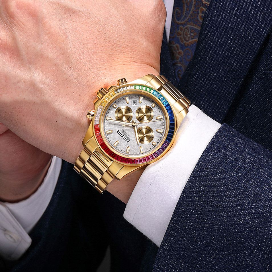 MEGIR 8410 chronograph watch on the wrist, gold case, rainbow crystal bezel and silver-white dial