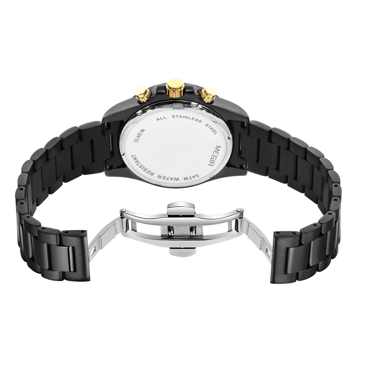 MEGIR 8410 chronograph watch caseback with brand engraving and black steel bracelet