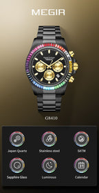 Men's rainbow-bezel chronograph watch feature graphic with movement and function icons
