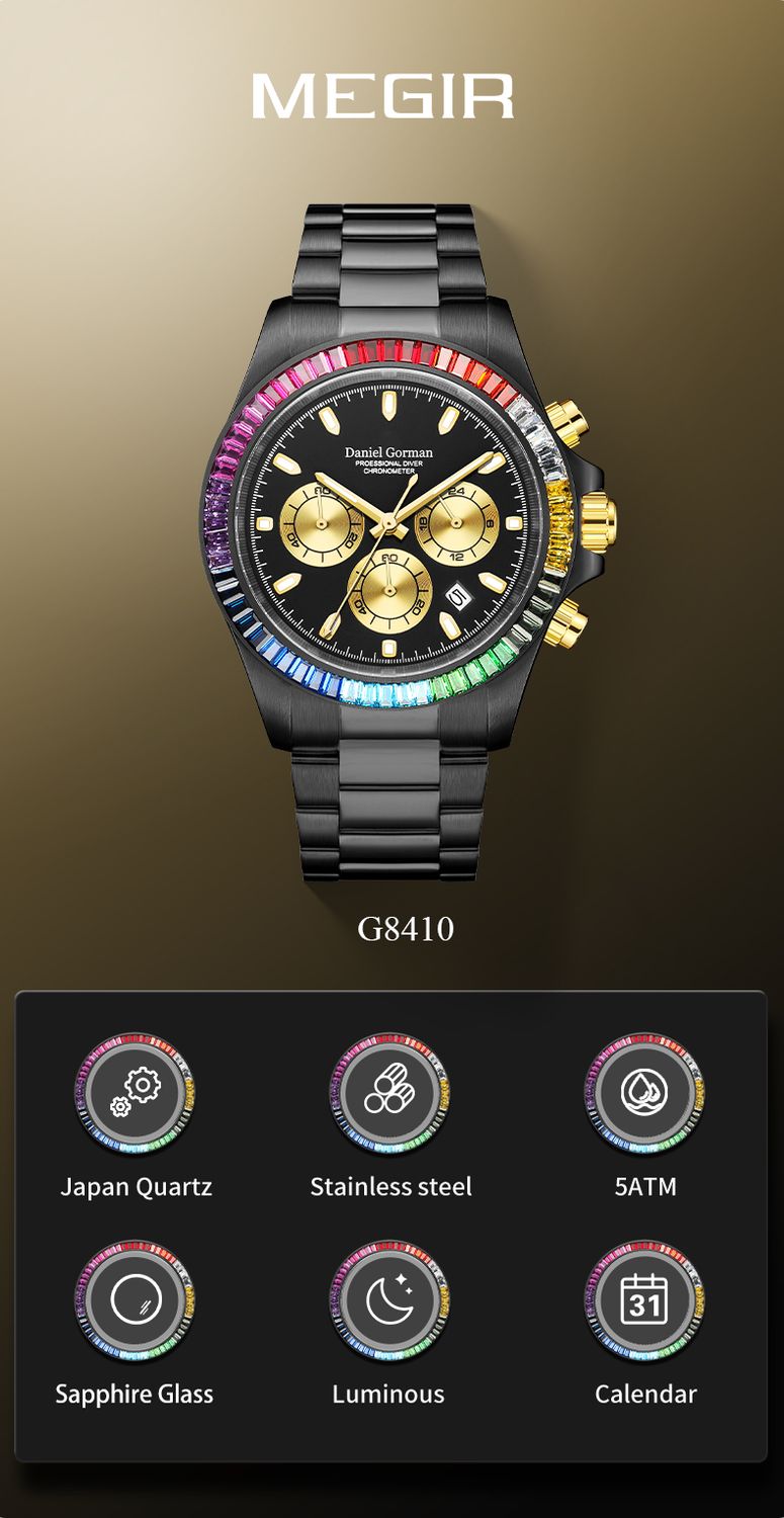 Men's rainbow-bezel chronograph watch feature graphic with movement and function icons