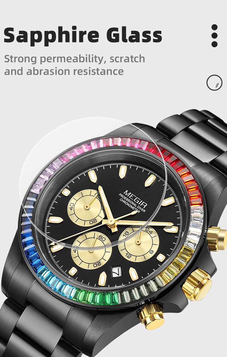 MEGIR 8410 chronograph watch sapphire glass feature graphic, black model with rainbow bezel