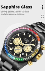MEGIR 8410 chronograph watch sapphire glass feature graphic, black model with rainbow bezel