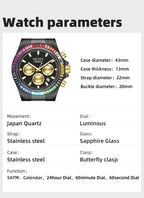 MEGIR 8410 chronograph watch parameters graphic with case size and specification details, black model