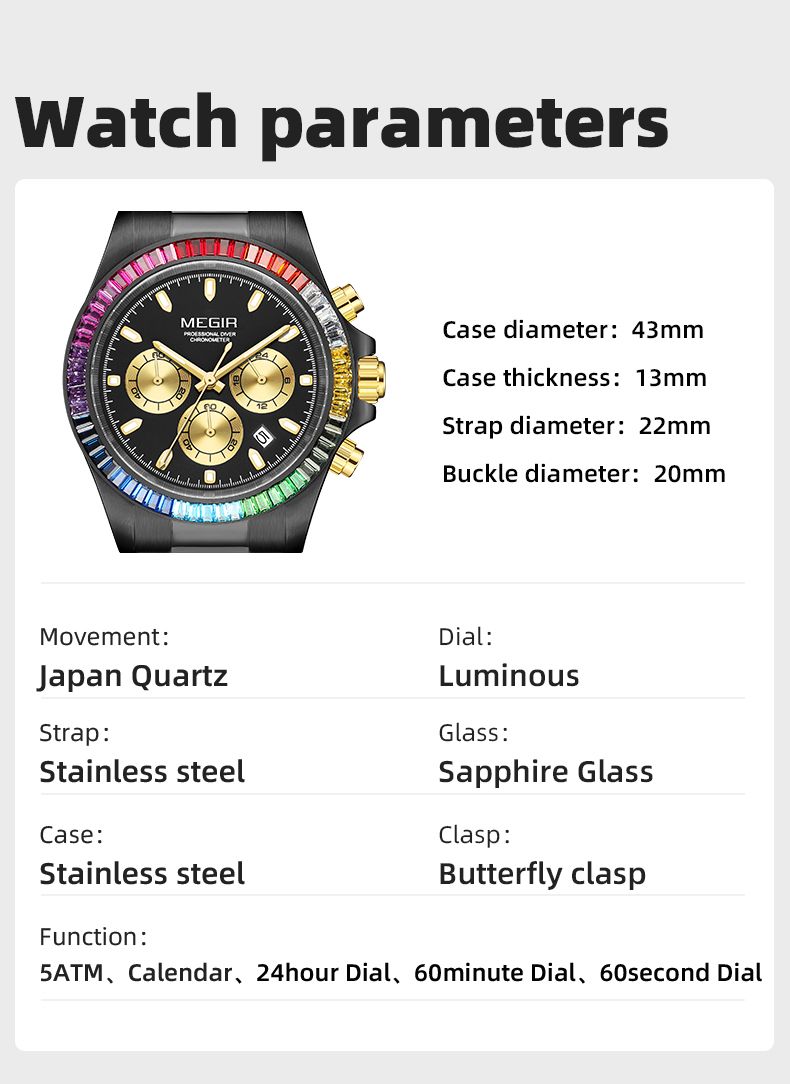 MEGIR 8410 chronograph watch parameters graphic with case size and specification details, black model
