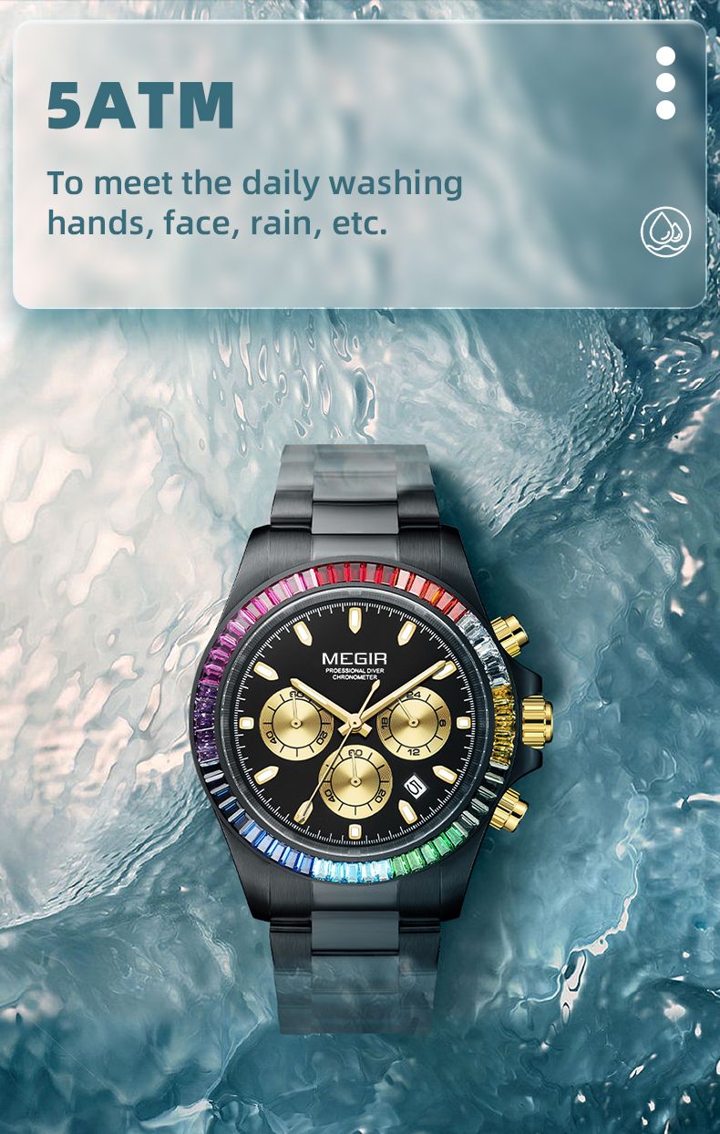 MEGIR 8410 chronograph watch 5ATM waterproof feature graphic, black model with rainbow bezel