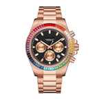 MEGIR 8410 men's chronograph watch, rose-gold case, rainbow crystal bezel and black dial, front view