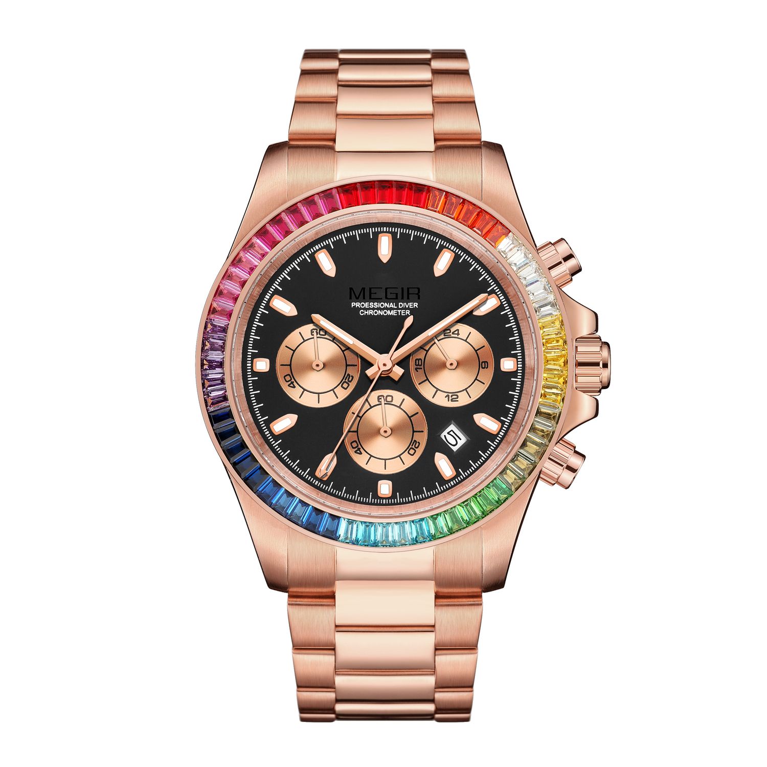 MEGIR 8410 men's chronograph watch, rose-gold case, rainbow crystal bezel and black dial, front view