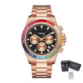 MEGIR 8410 men's chronograph watch, rose-gold case, rainbow crystal bezel, black dial and steel bracelet, front