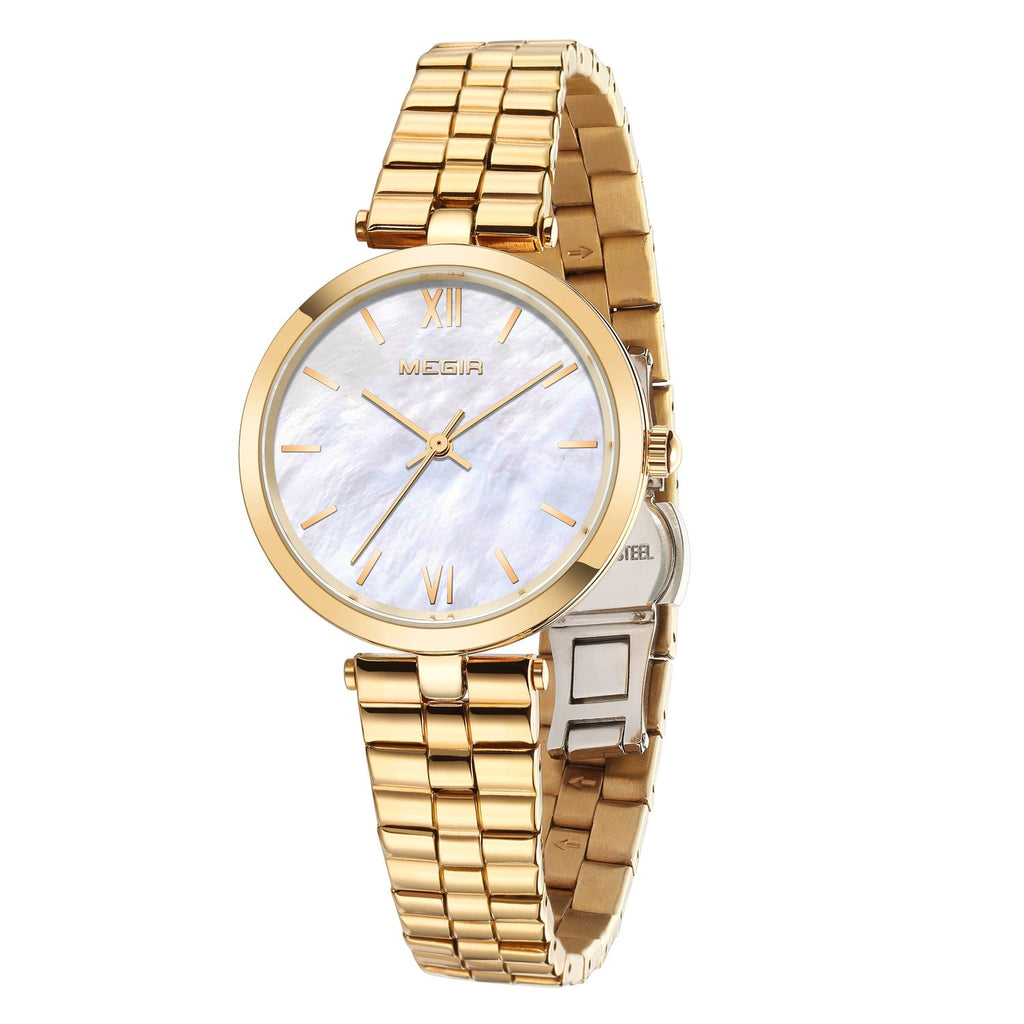 MEGIR 85112 women's quartz watch, gold case, mother-of-pearl dial and gold steel bracelet, angled view