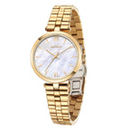 MEGIR 85112 women's quartz watch, gold case, mother-of-pearl dial and gold steel bracelet, angled view