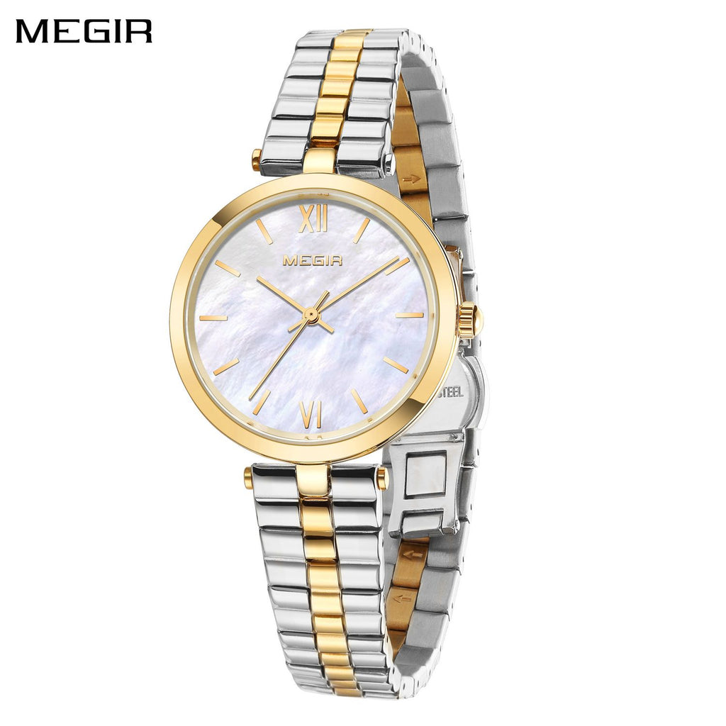 MEGIR 85112 women's quartz watch, gold case, mother-of-pearl dial and two-tone steel bracelet, angled view