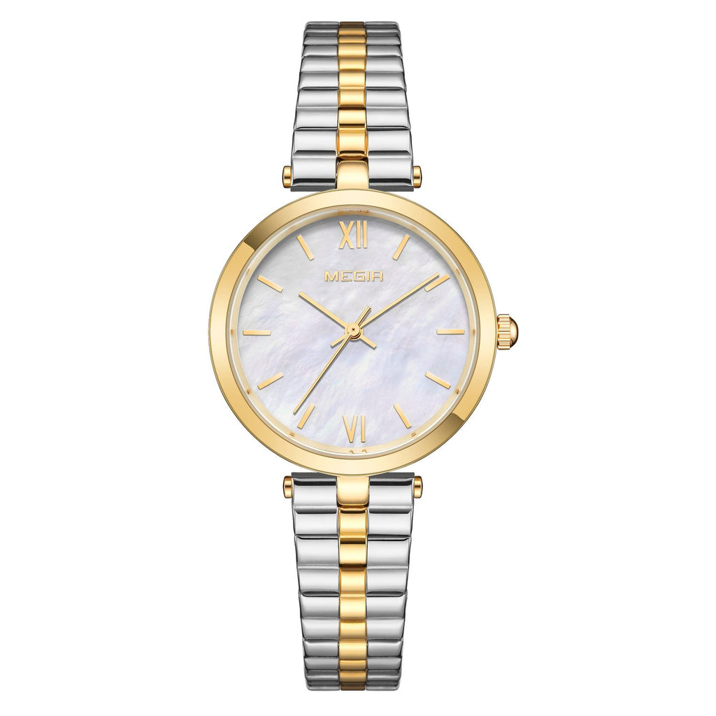 MEGIR 85112 women's quartz watch, gold case, mother-of-pearl dial and two-tone steel bracelet, front view