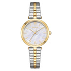 MEGIR 85112 women's quartz watch, gold case, mother-of-pearl dial and two-tone steel bracelet, front view