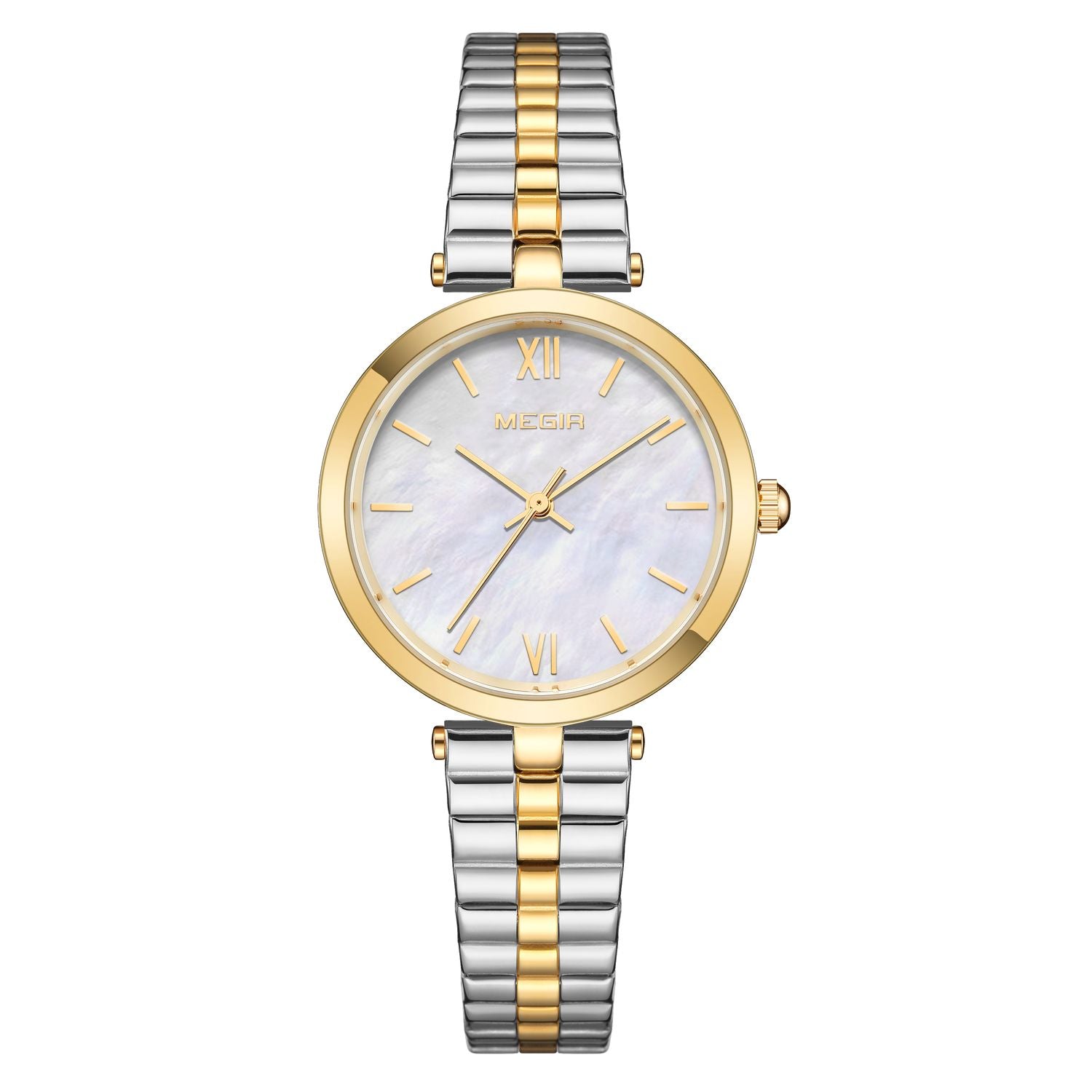 MEGIR 85112 women's quartz watch, gold case, mother-of-pearl dial and two-tone steel bracelet, front view