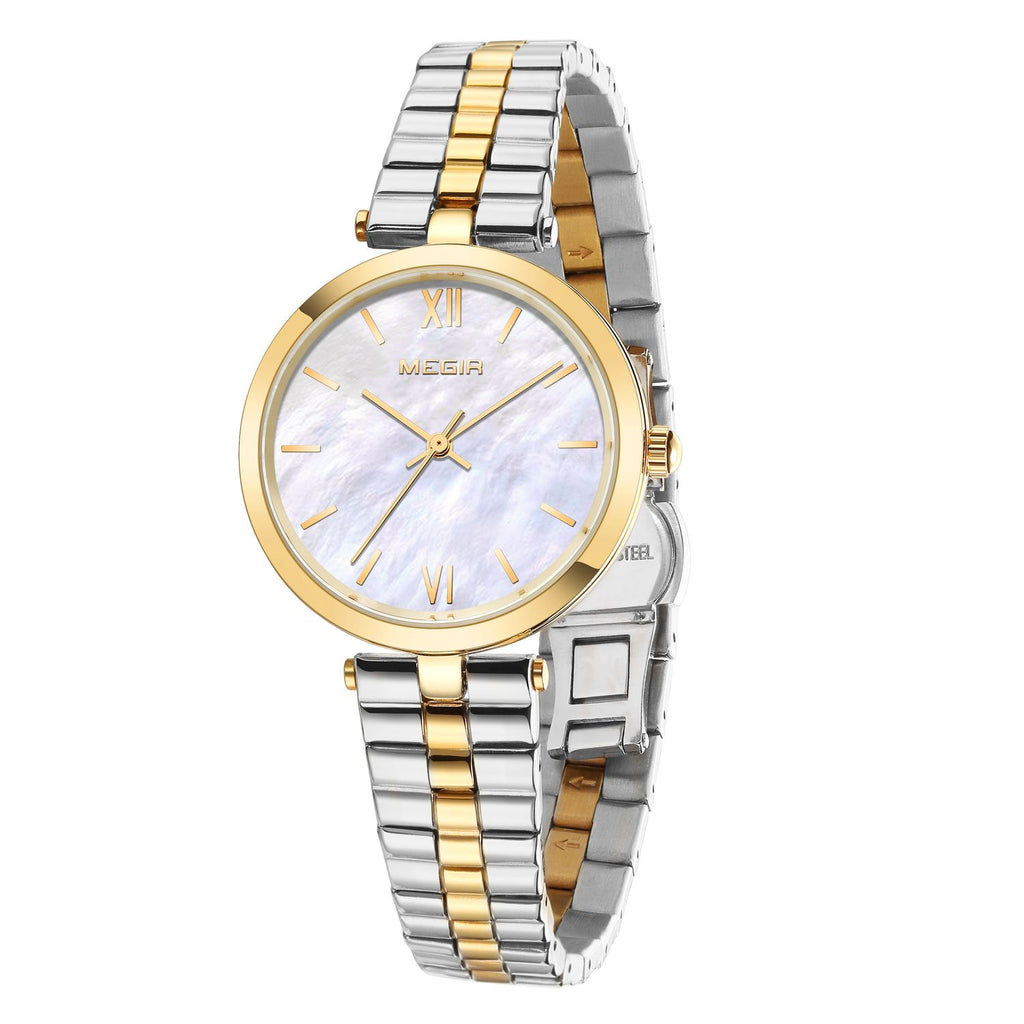 MEGIR 85112 women's quartz watch, gold case and two-tone gold and silver steel bracelet, side angle