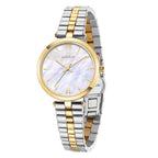 MEGIR 85112 women's quartz watch, gold case and two-tone gold and silver steel bracelet, side angle