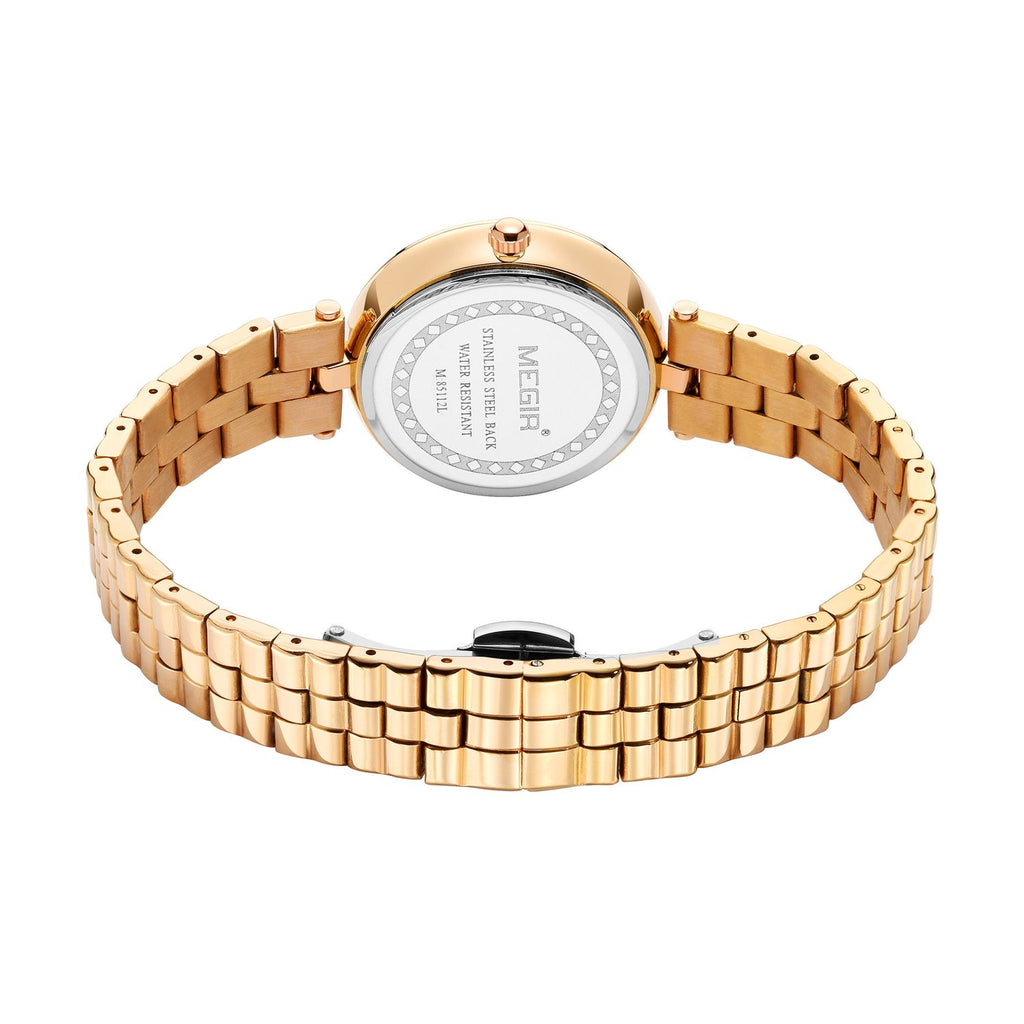 MEGIR 85112 women's quartz watch caseback with brand engraving and gold steel bracelet