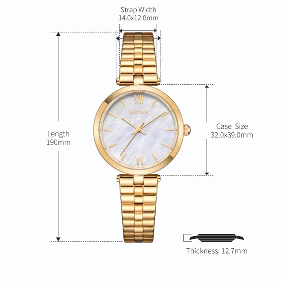 MEGIR 85112 women's quartz watch size chart with case and bracelet measurements, gold model