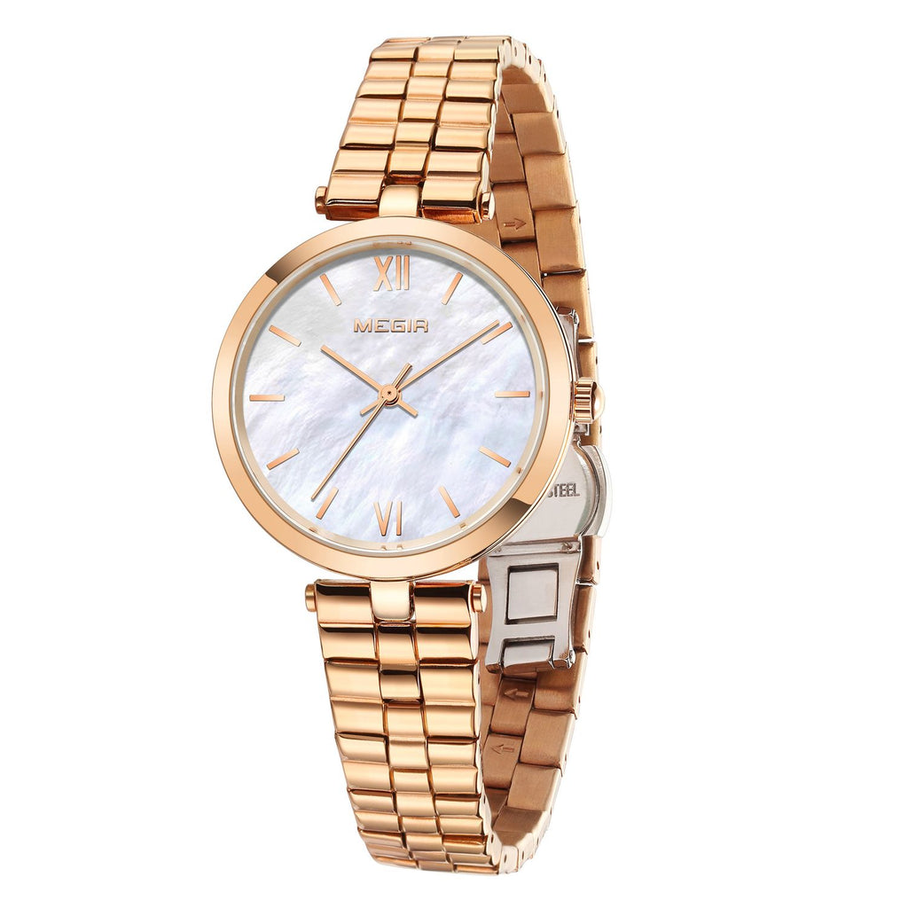 MEGIR 85112 women's quartz watch, rose-gold case, mother-of-pearl dial and rose-gold bracelet, angled view
