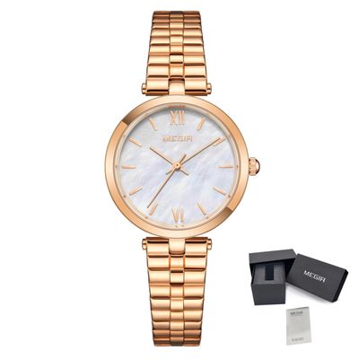 MEGIR 85112 women's quartz watch, rose-gold case, mother-of-pearl dial and steel bracelet, front