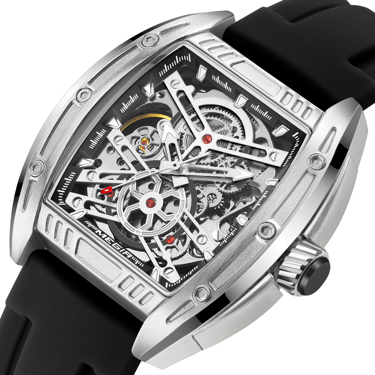 MEGIR 8601 skeleton automatic watch, silver case, openwork dial and black silicone strap, angled view