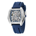 MEGIR 8601 skeleton automatic watch, silver case, blue accents and blue silicone strap, angled view