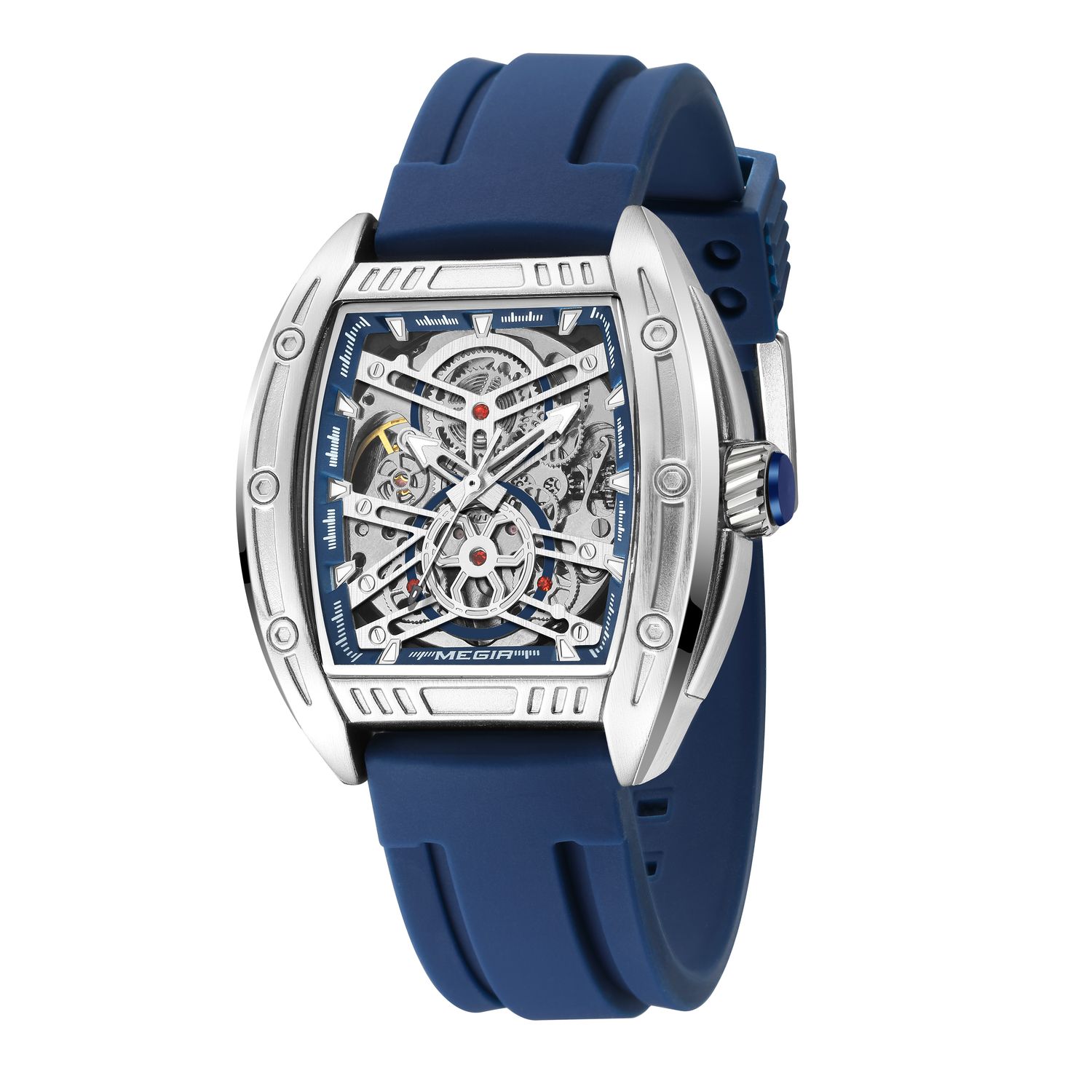 MEGIR 8601 skeleton automatic watch, silver case, blue accents and blue silicone strap, angled view
