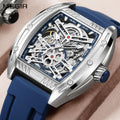 MEGIR 8601 men's skeleton automatic watch, silver case, blue accents, openwork dial and blue silicone strap, front