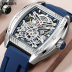 MEGIR 8601 men's skeleton automatic watch, silver case, blue accents, openwork dial and blue silicone strap, front