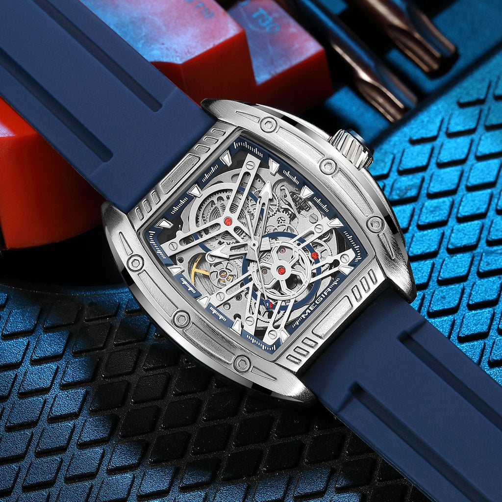 MEGIR 8601 skeleton automatic watch, silver case, blue accents and blue silicone strap, beauty shot