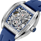 MEGIR 8601 skeleton automatic watch, silver case, blue accents, openwork dial and blue strap, front view