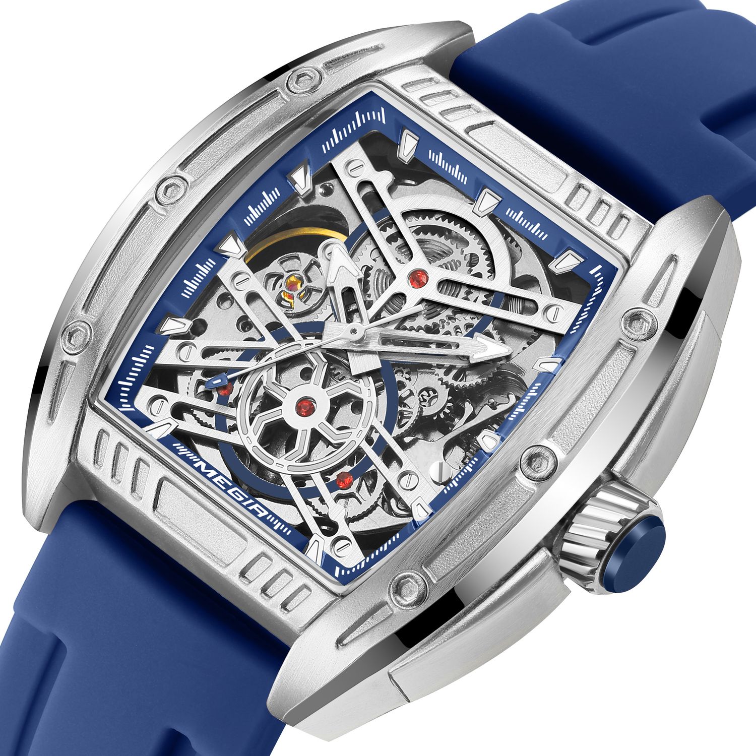 MEGIR 8601 skeleton automatic watch, silver case, blue accents, openwork dial and blue strap, front view