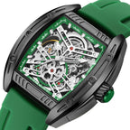 MEGIR 8601 skeleton automatic watch, black case, green accents and green silicone strap, angled view