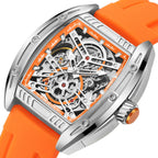 MEGIR 8601 skeleton automatic watch, silver case, orange accents and orange silicone strap, angled view