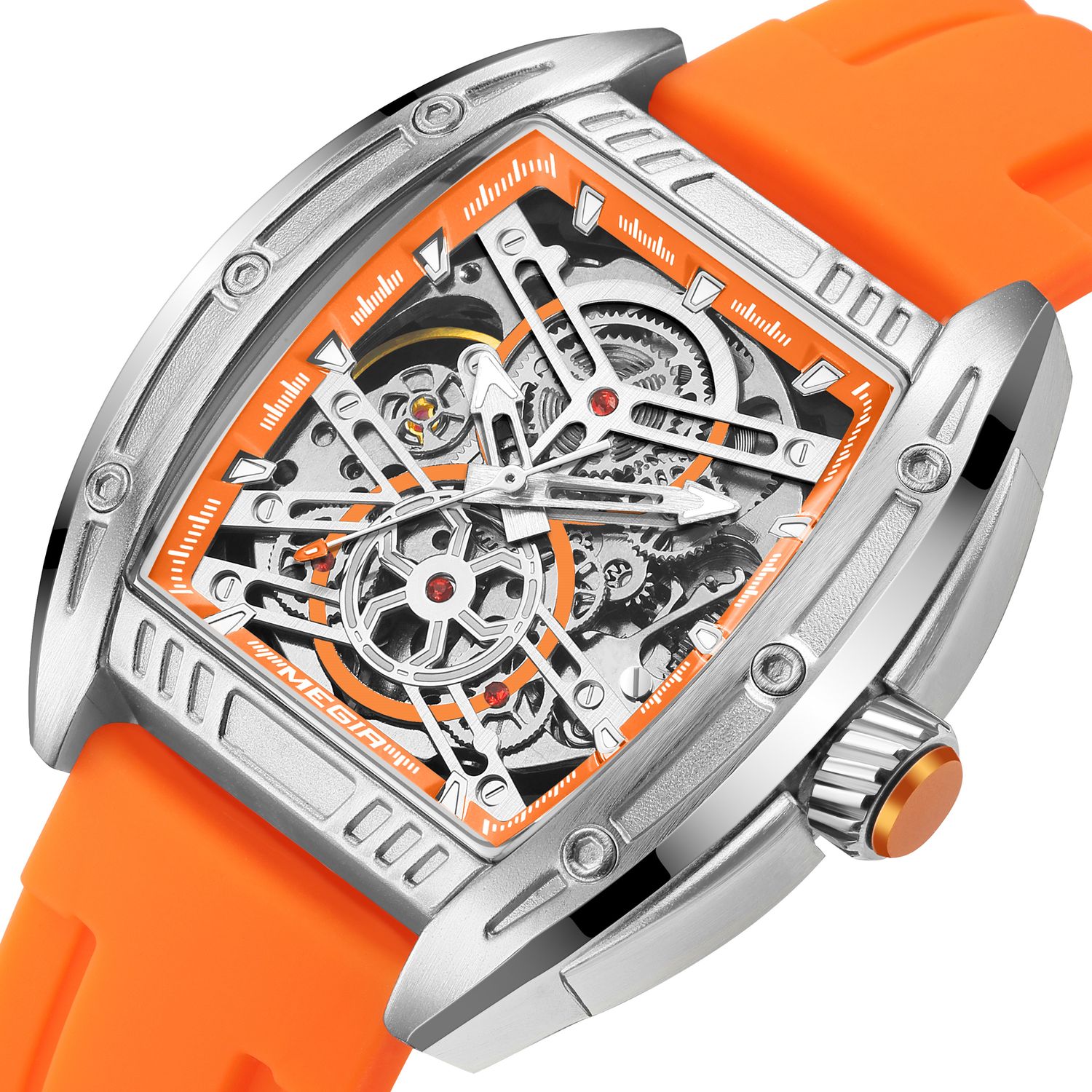 MEGIR 8601 skeleton automatic watch, silver case, orange accents and orange silicone strap, angled view