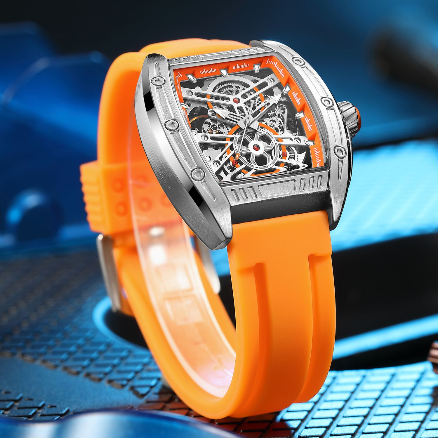 MEGIR 8601 skeleton automatic watch, silver case, orange accents and orange silicone strap, beauty shot
