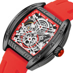 MEGIR 8601 skeleton automatic watch, black case, red accents and red silicone strap, angled view
