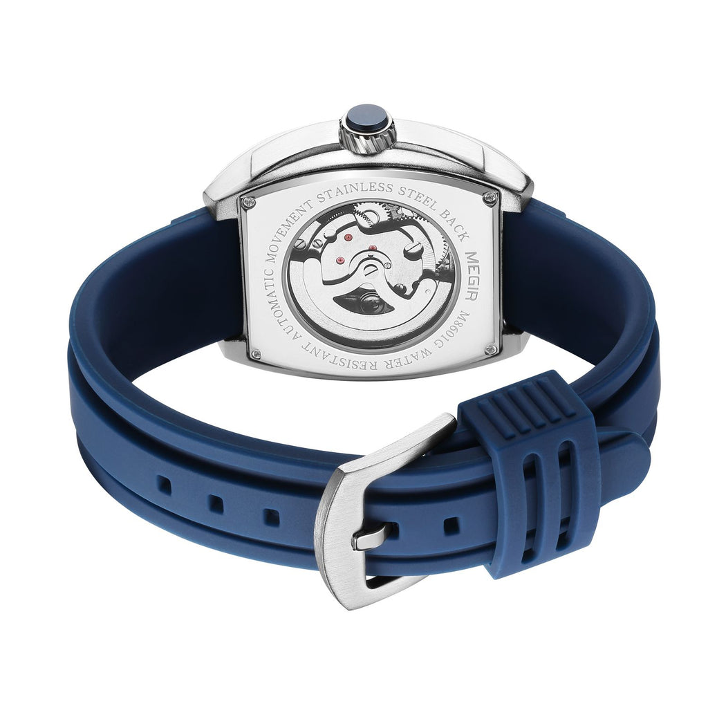 MEGIR 8601 skeleton automatic watch caseback with exhibition window, silver case and blue strap