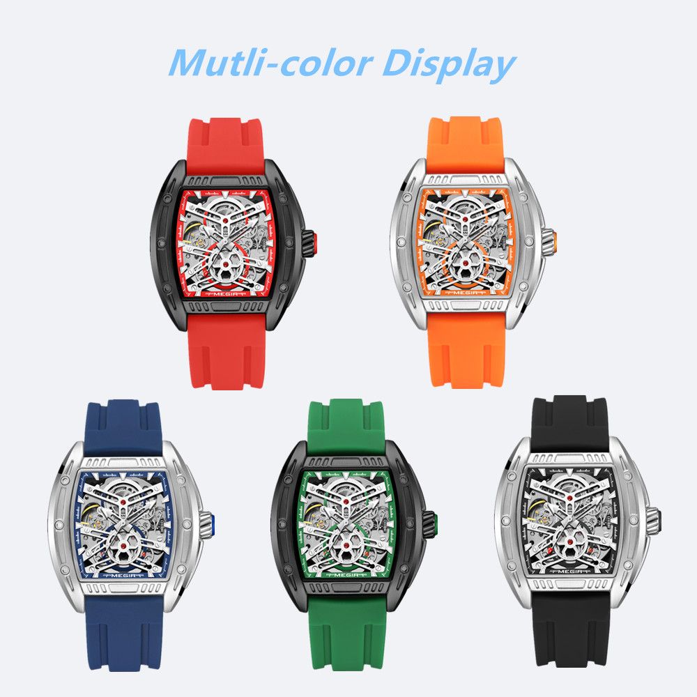 MEGIR 8601 skeleton automatic watch shown in red, orange, blue, green and black strap options