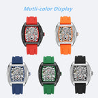 MEGIR 8601 skeleton automatic watch shown in red, orange, blue, green and black strap options